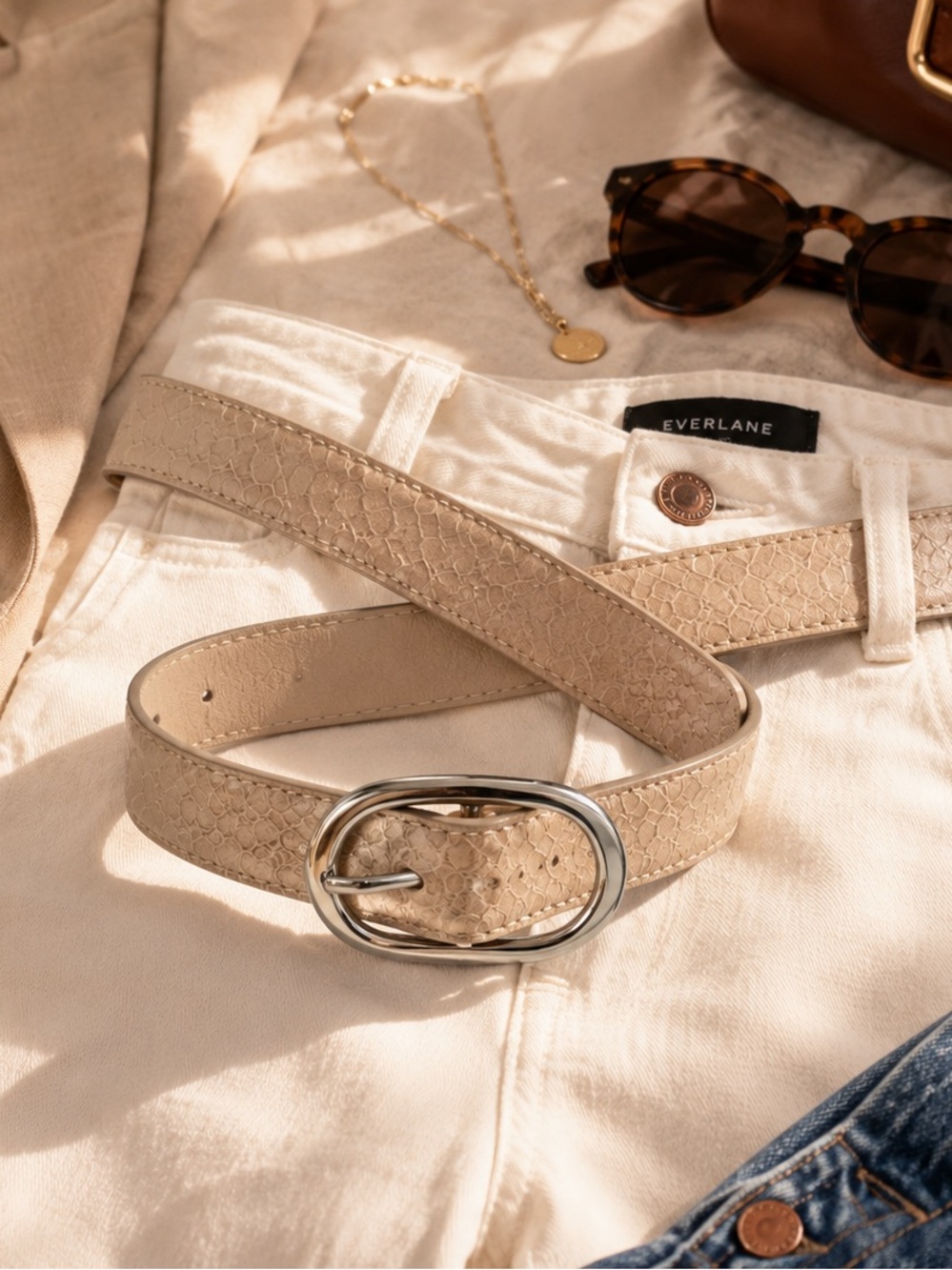 Women’s Tan Snakeskin Embossed Faux Leather Belt Silver Buckle M